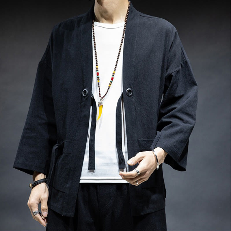 Nimara Ritual Solid Color Lace-up Open Front Jacket Cotton Men's Kimono