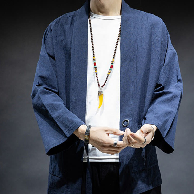 Nimara Ritual Solid Color Lace-up Open Front Jacket Cotton Men's Kimono
