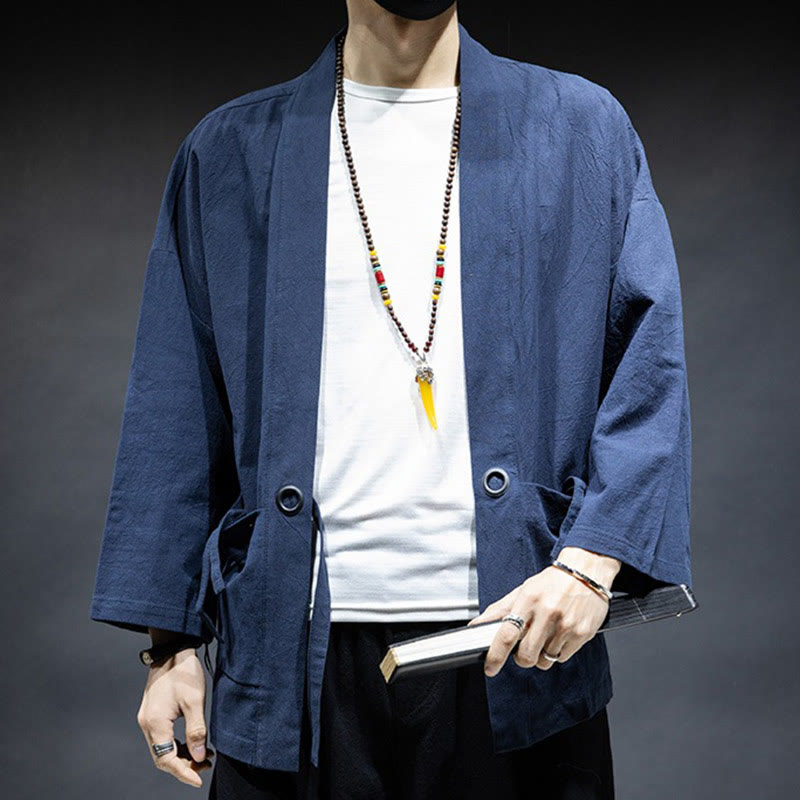 Nimara Ritual Solid Color Lace-up Open Front Jacket Cotton Men's Kimono