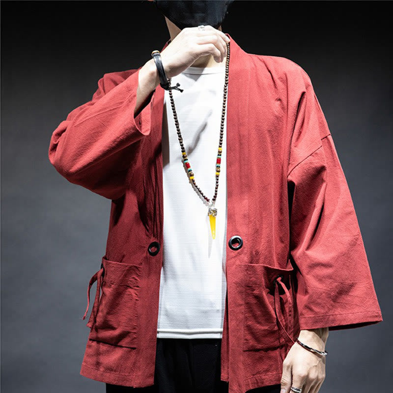 Nimara Ritual Solid Color Lace-up Open Front Jacket Cotton Men's Kimono
