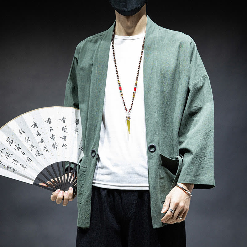 Nimara Ritual Solid Color Lace-up Open Front Jacket Cotton Men's Kimono