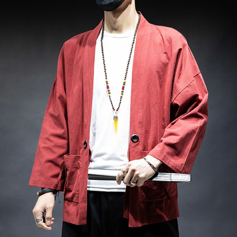 Nimara Ritual Solid Color Lace-up Open Front Jacket Cotton Men's Kimono