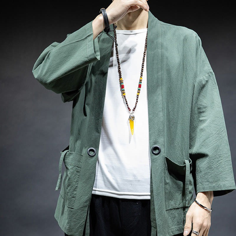 Nimara Ritual Solid Color Lace-up Open Front Jacket Cotton Men's Kimono