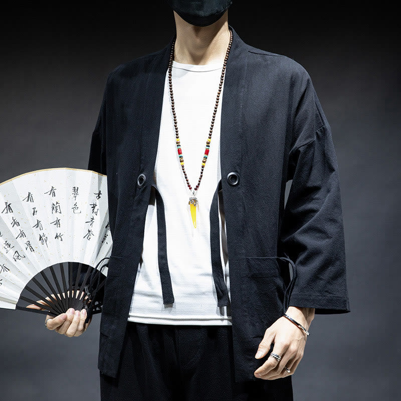 Nimara Ritual Solid Color Lace-up Open Front Jacket Cotton Men's Kimono