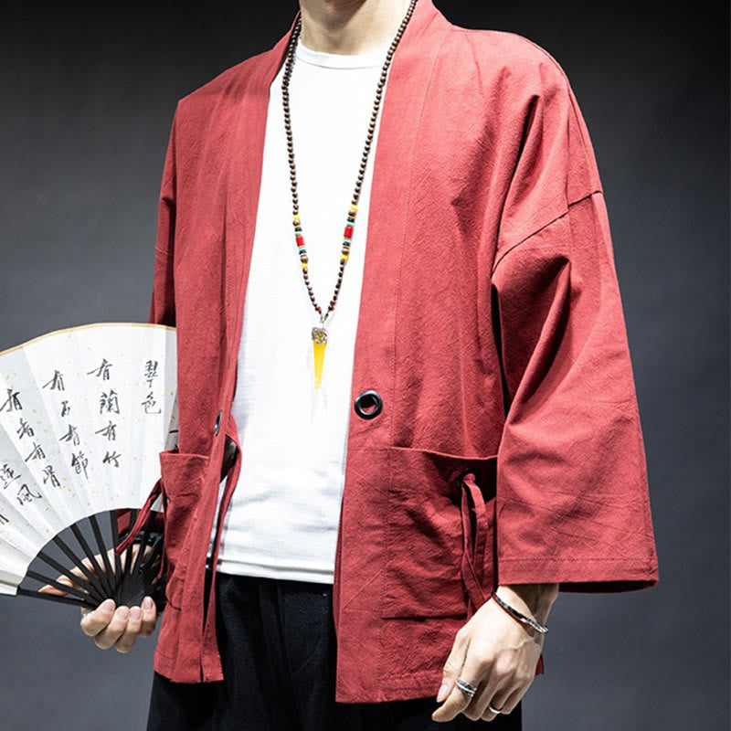 Nimara Ritual Solid Color Lace-up Open Front Jacket Cotton Men's Kimono