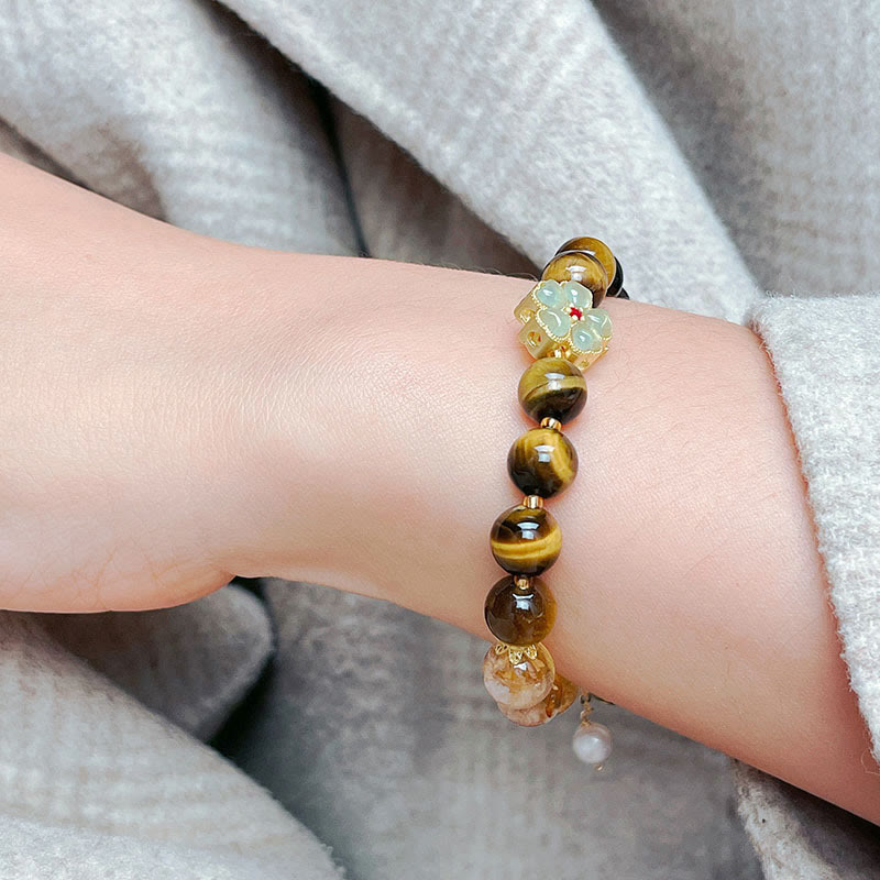 Nimara Ritual Natural Tiger Eye Citrine Beads Flower Bell Courage Bracelet