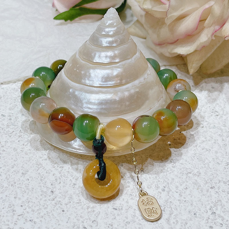 Wealth and Balance Peacock Agate Topaz Peace Buckle Fu Character Bracelet