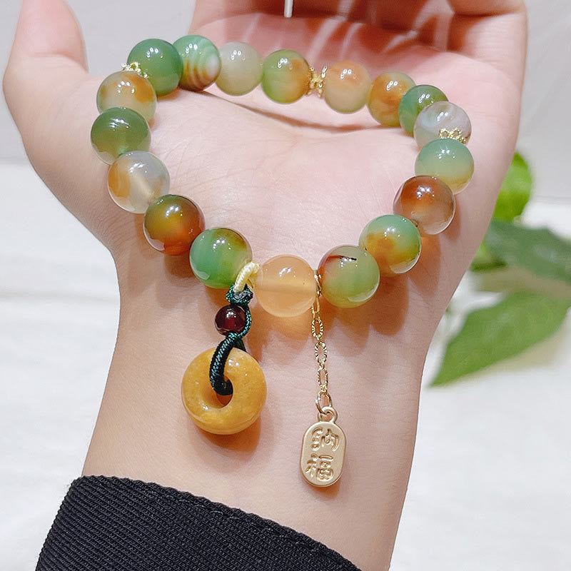 Wealth and Balance Peacock Agate Topaz Peace Buckle Fu Character Bracelet