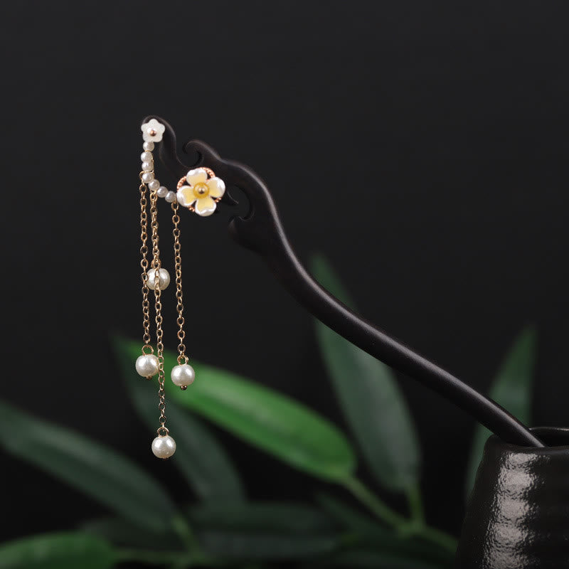 Nimara Ritual Ebony Shell Flower Pearl Tassel Blessing Hairpin