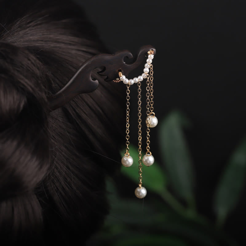 Nimara Ritual Ebony Shell Flower Pearl Tassel Blessing Hairpin
