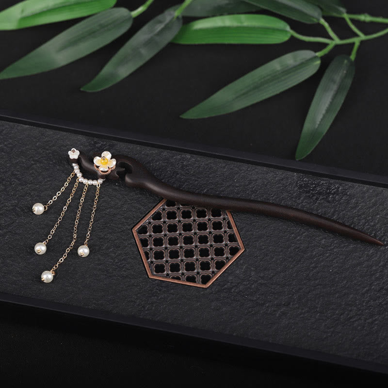 Nimara Ritual Ebony Shell Flower Pearl Tassel Blessing Hairpin