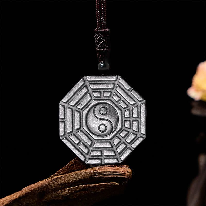 Nimara Ritual Silver Sheen Obsidian Bagua Yin Yang Symbol Protection Necklace Pendant