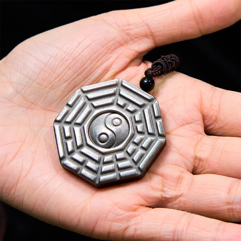 Nimara Ritual Silver Sheen Obsidian Bagua Yin Yang Symbol Protection Necklace Pendant