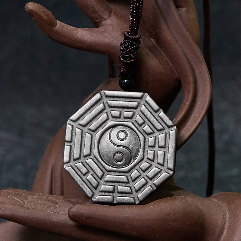 Nimara Ritual Silver Sheen Obsidian Bagua Yin Yang Symbol Protection Necklace Pendant