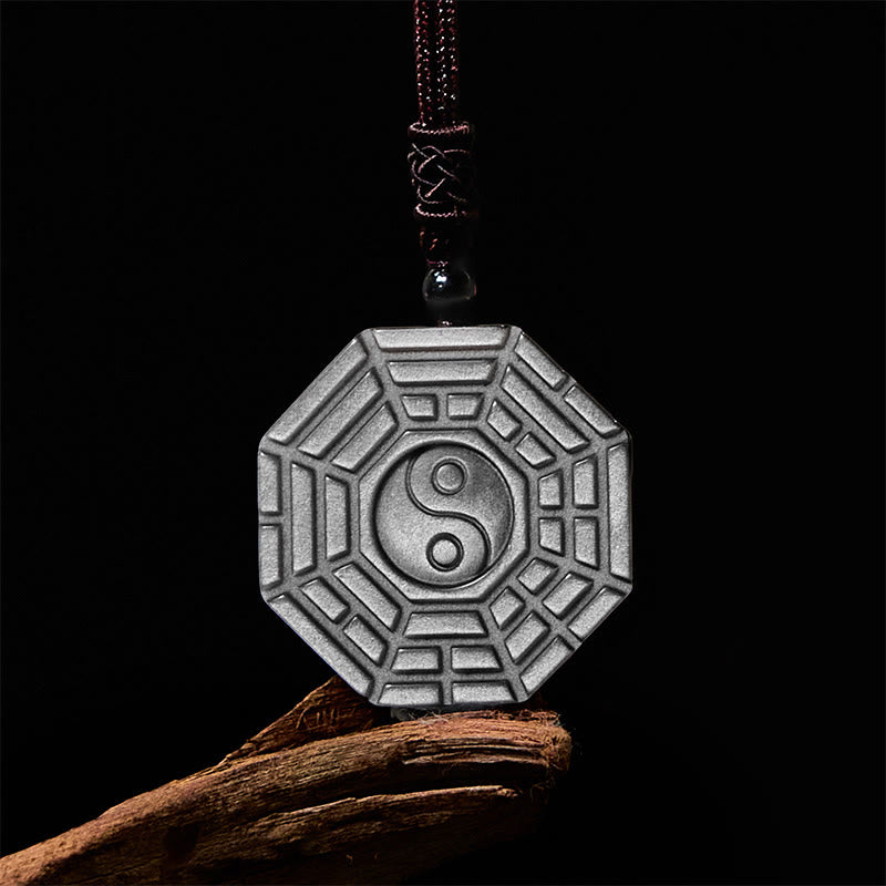 Nimara Ritual Silver Sheen Obsidian Bagua Yin Yang Symbol Protection Necklace Pendant