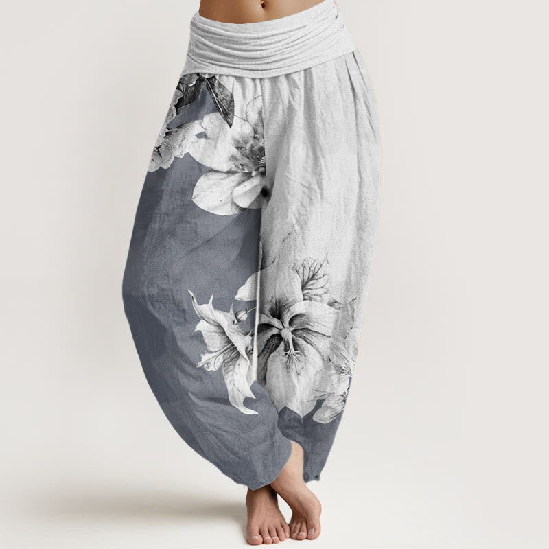Nimara Ritual Cotton Camellia Pattern Women's Elastic Waist Harem Pants