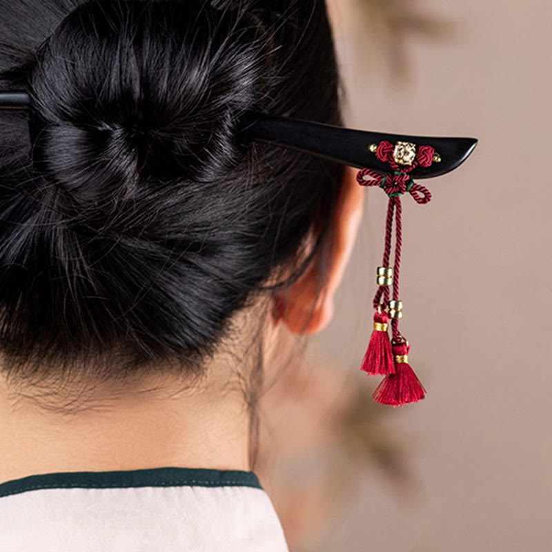 Nimara Ritual Ebony Red String Chinese Knot Tassel Protection Hairpin