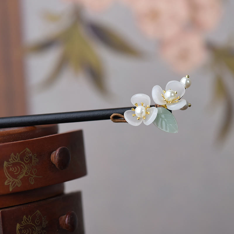 Nimara Ritual Grain Wood Liuli Magnolia Flowers Pearl Protection Hairpin