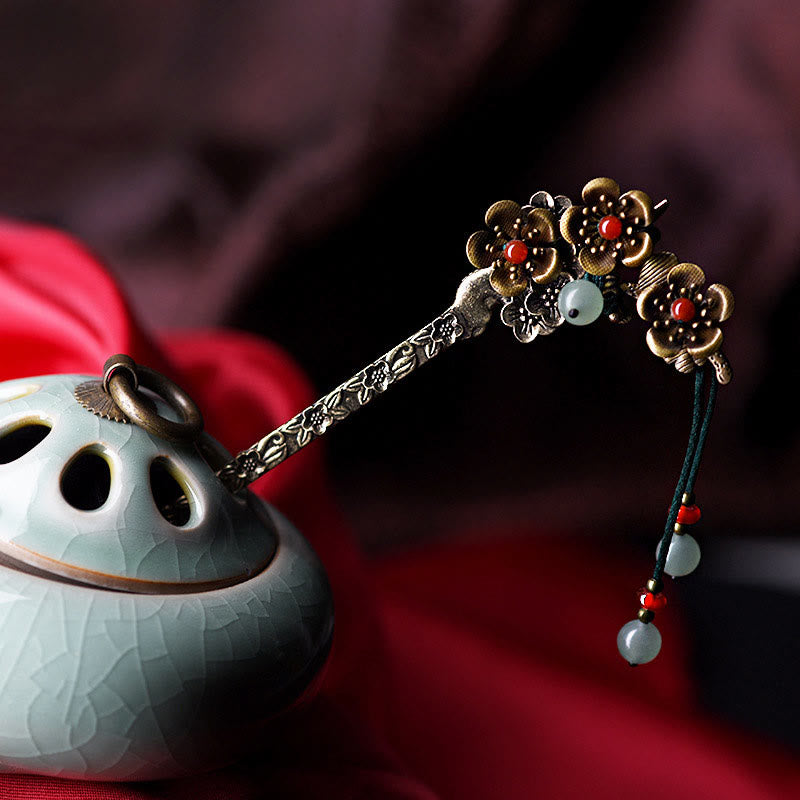 Nimara Ritual Green Aventurine Red Agate Alloy Flowers Soothing Hairpin