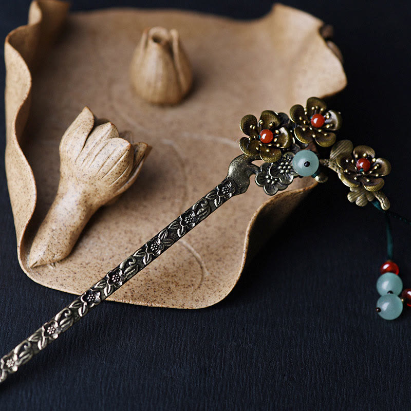 Nimara Ritual Green Aventurine Red Agate Alloy Flowers Soothing Hairpin