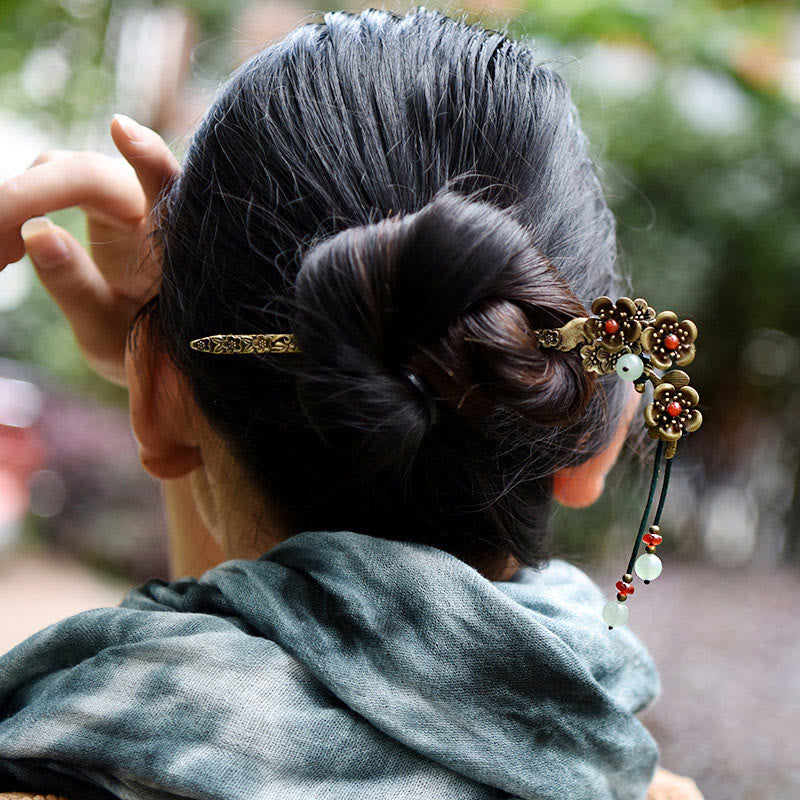 Nimara Ritual Green Aventurine Red Agate Alloy Flowers Soothing Hairpin