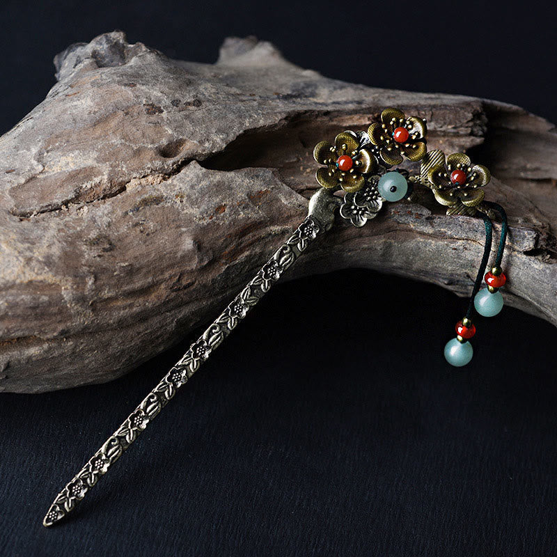 Nimara Ritual Green Aventurine Red Agate Alloy Flowers Soothing Hairpin