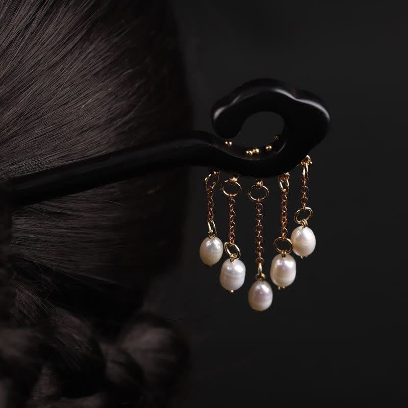 Nimara Ritual Ebony Auspicious Cloud Pearl Tassel Protection Hairpin