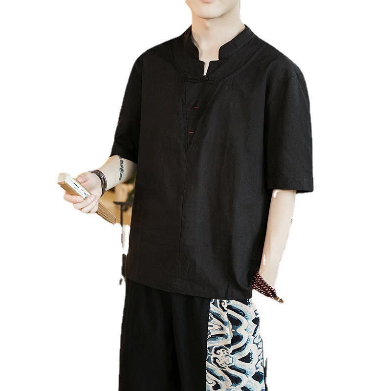 Nimara Ritual Summer Plain Color Frog-Button Notched Neck Men's Half Sleeve Cotton Shirt