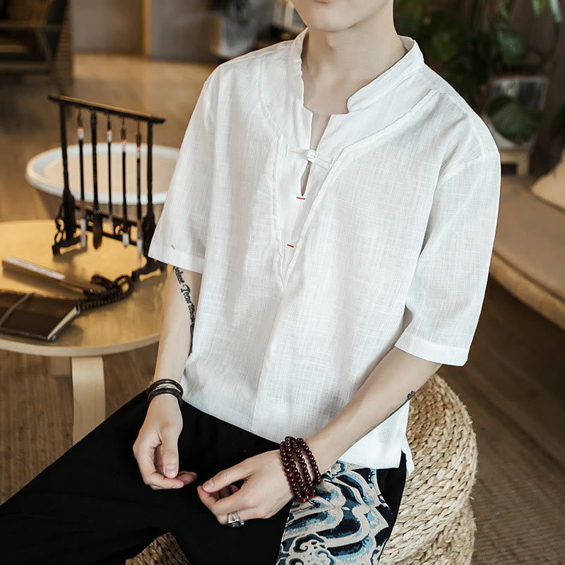 Nimara Ritual Summer Plain Color Frog-Button Notched Neck Men's Half Sleeve Cotton Shirt