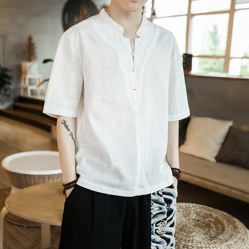 Nimara Ritual Summer Plain Color Frog-Button Notched Neck Men's Half Sleeve Cotton Shirt