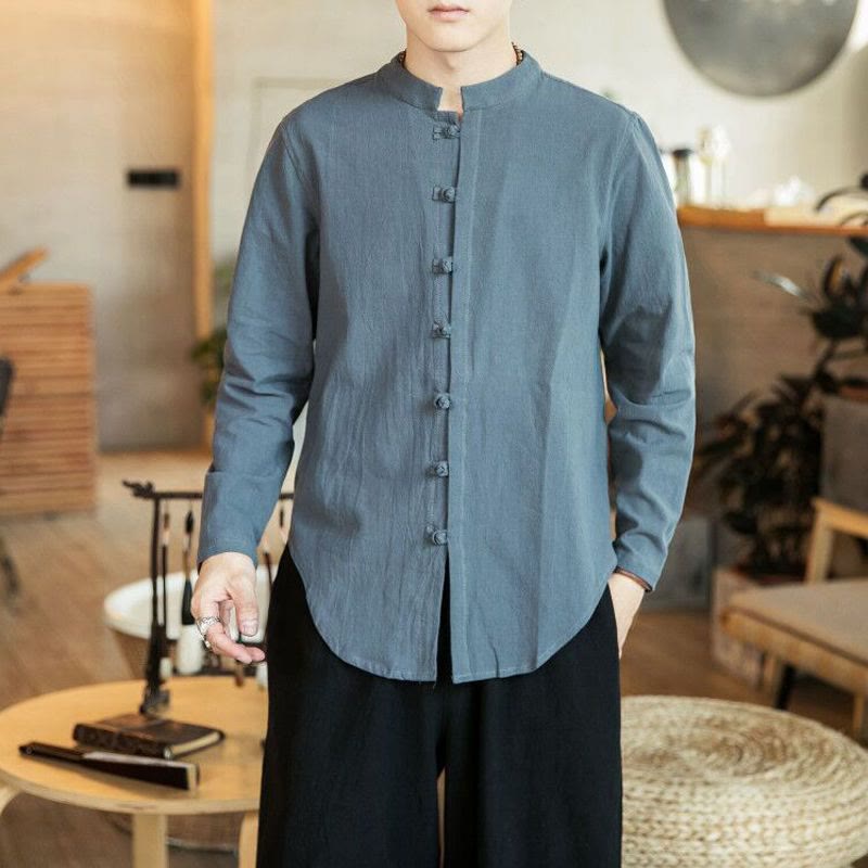 Nimara Ritual Casual Stand Collar Frog-Button Long Sleeve Tang Suit Men's Shirt