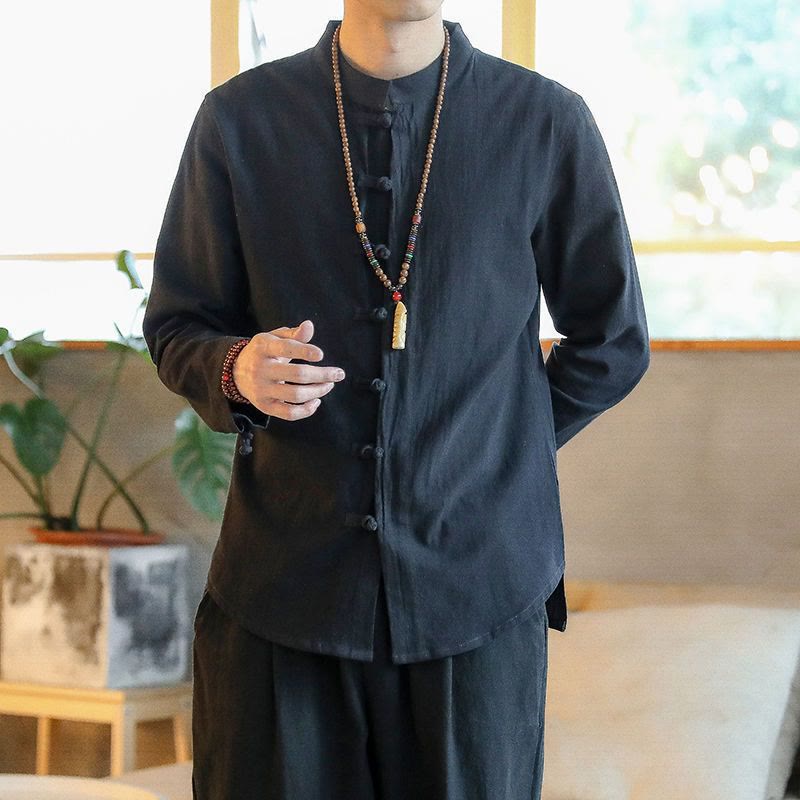 Nimara Ritual Casual Stand Collar Frog-Button Long Sleeve Tang Suit Men's Shirt
