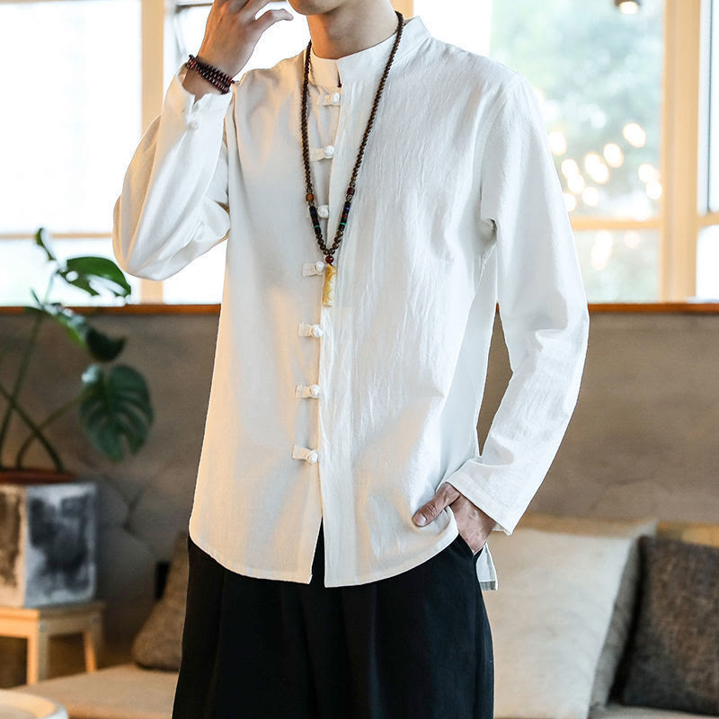 Nimara Ritual Casual Stand Collar Frog-Button Long Sleeve Tang Suit Men's Shirt