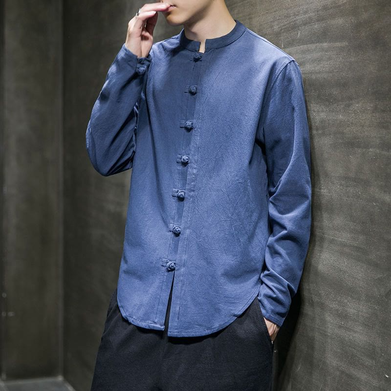 Nimara Ritual Casual Stand Collar Frog-Button Long Sleeve Tang Suit Men's Shirt