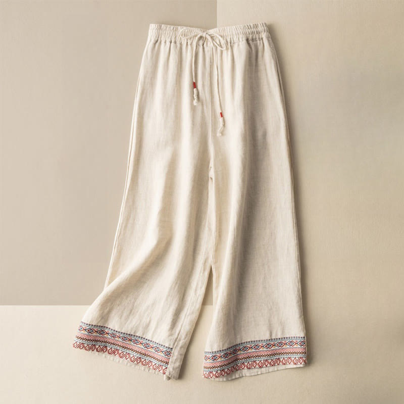 Nimara Ritual Casual Embroidery Bohemian Pattern Drawstring Women's Wide Leg Pants With Pockets