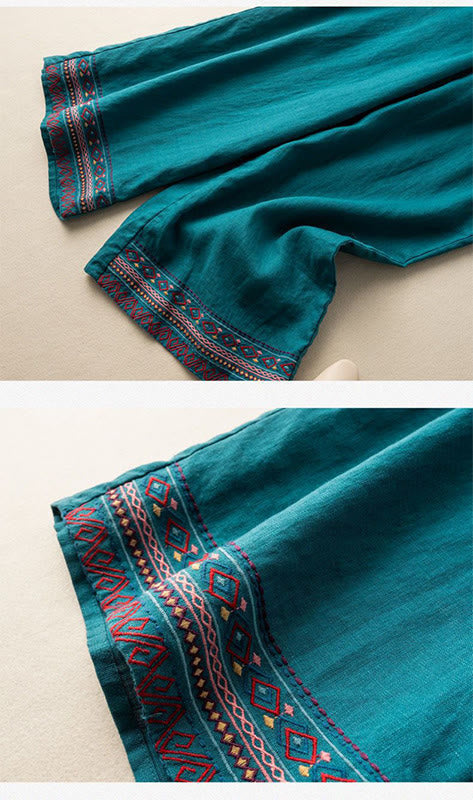 Nimara Ritual Casual Embroidery Bohemian Pattern Drawstring Women's Wide Leg Pants With Pockets