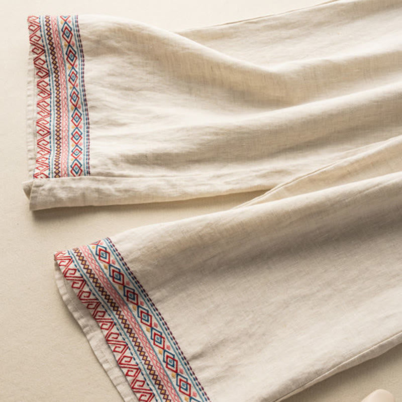 Nimara Ritual Casual Embroidery Bohemian Pattern Drawstring Women's Wide Leg Pants With Pockets