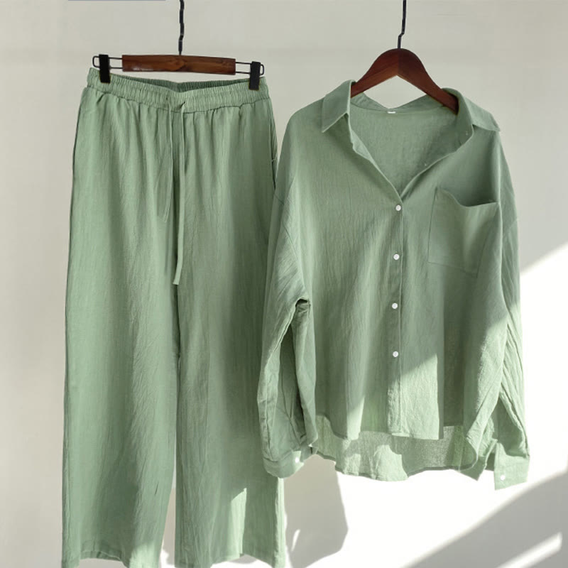Nimara Ritual 2Pcs Long Sleeve Shirt Top With Pockets Drawstring Pants Meditation Cotton Clothing Women's Set