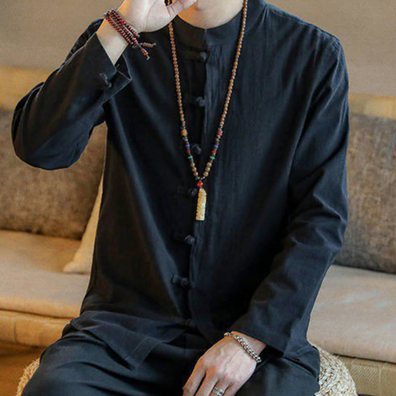 Nimara Ritual Casual Stand Collar Frog-Button Long Sleeve Tang Suit Men's Shirt