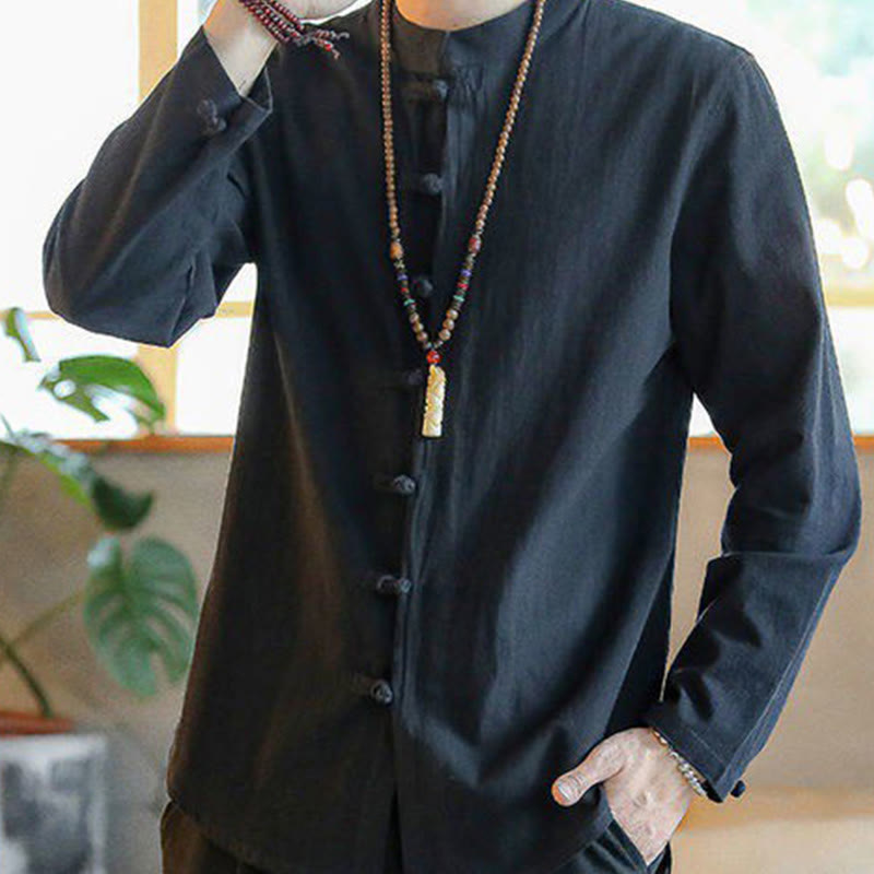 Nimara Ritual Casual Stand Collar Frog-Button Long Sleeve Tang Suit Men's Shirt