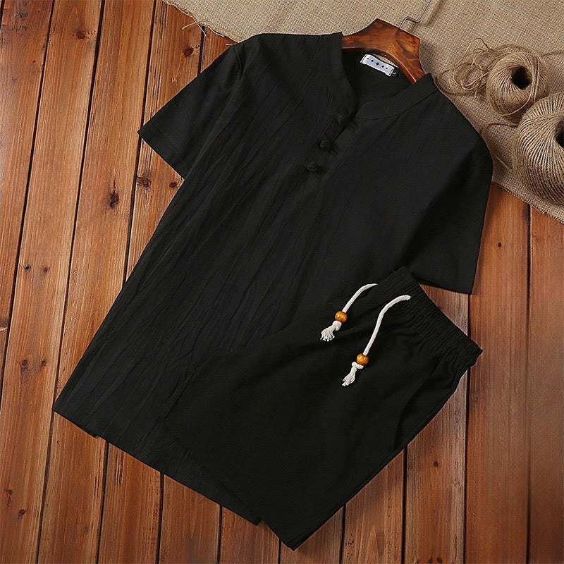 Nimara Ritual 2Pcs Solid Color Frog-Button Tang Suit Cotton Linen Short Sleeve Pants Clothing Men's Set