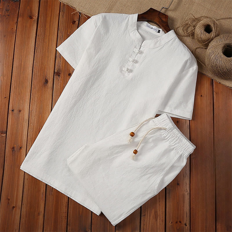 Nimara Ritual 2Pcs Solid Color Frog-Button Tang Suit Cotton Linen Short Sleeve Pants Clothing Men's Set