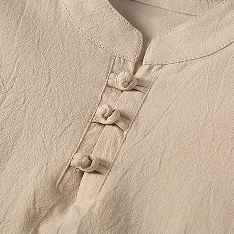 Nimara Ritual 2Pcs Solid Color Frog-Button Tang Suit Cotton Linen Short Sleeve Pants Clothing Men's Set