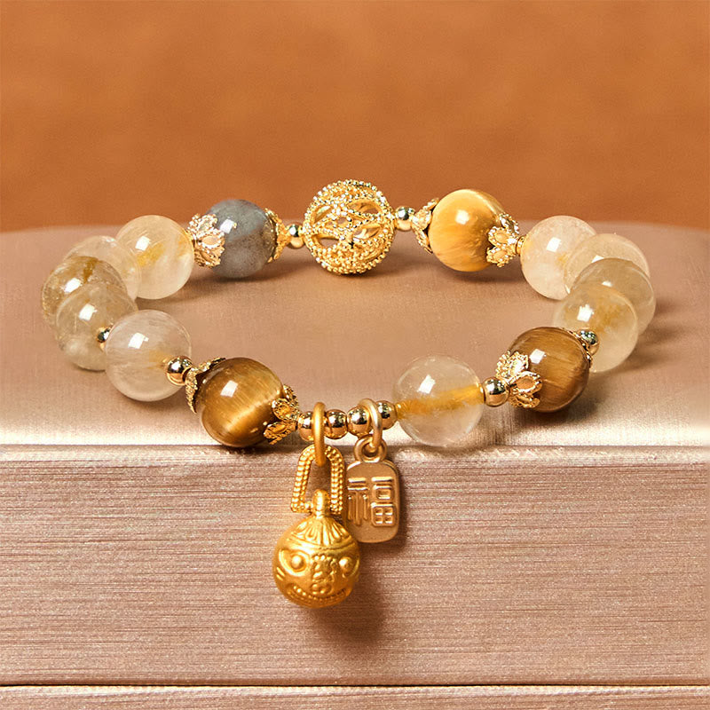 Nimara Ritual Natural Rutilated Quartz Fu Character Metal Swallowing Beast Auspiciousness Bracelet