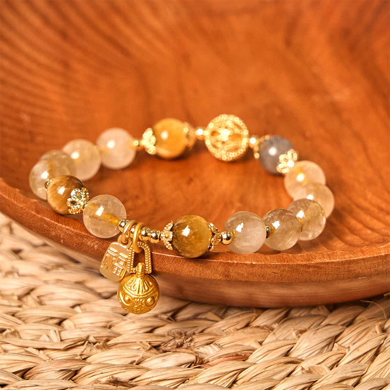 Nimara Ritual Natural Rutilated Quartz Fu Character Metal Swallowing Beast Auspiciousness Bracelet