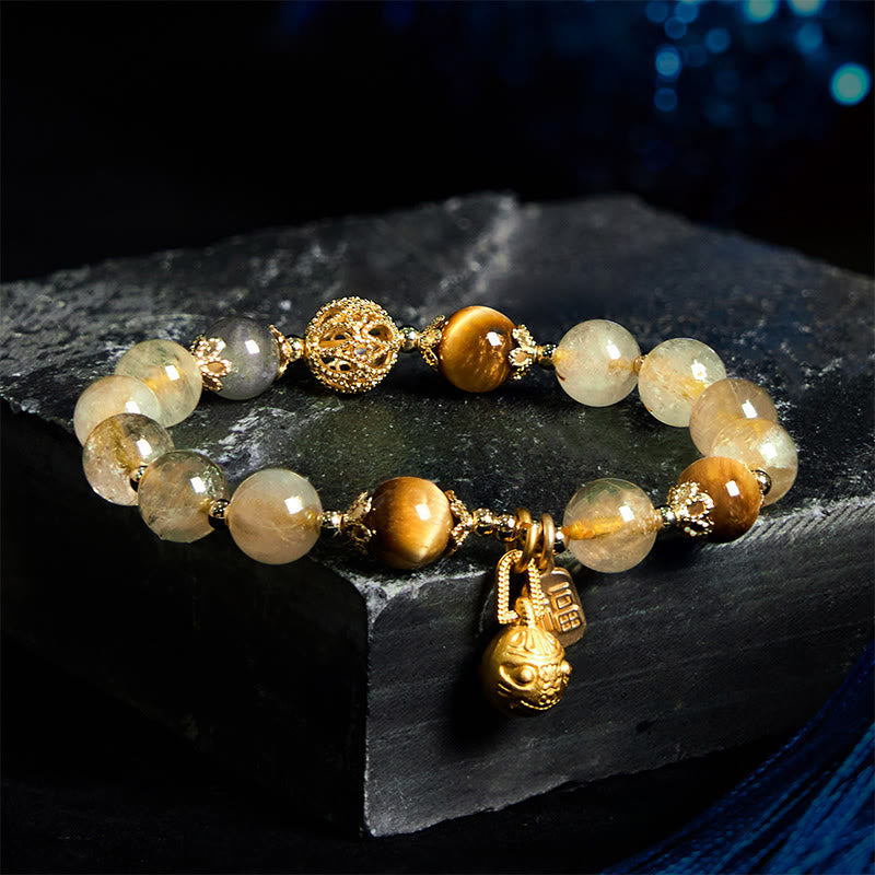 Nimara Ritual Natural Rutilated Quartz Fu Character Metal Swallowing Beast Auspiciousness Bracelet