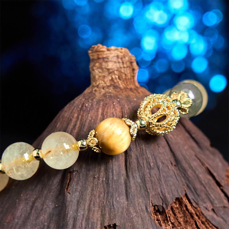 Nimara Ritual Natural Rutilated Quartz Fu Character Metal Swallowing Beast Auspiciousness Bracelet