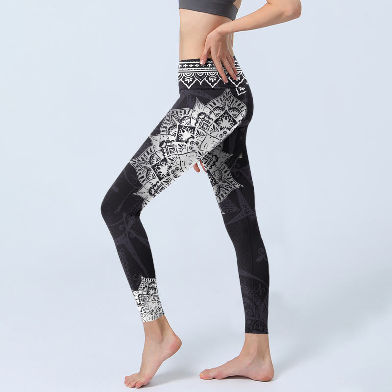 Nimara Ritual Black Mandala Flowers Print Exercise Leggings Women's Yoga Pants
