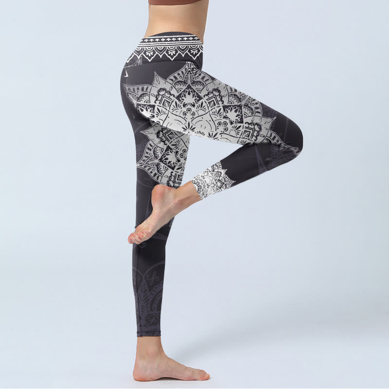 Nimara Ritual Black Mandala Flowers Print Exercise Leggings Women's Yoga Pants