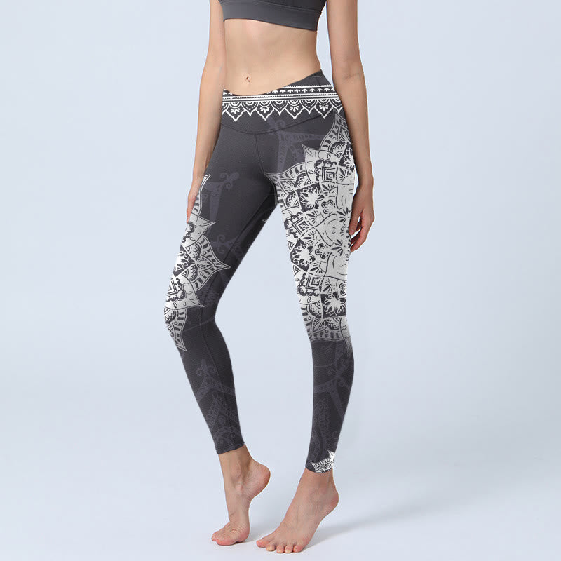 Nimara Ritual Black Mandala Flowers Print Exercise Leggings Women's Yoga Pants